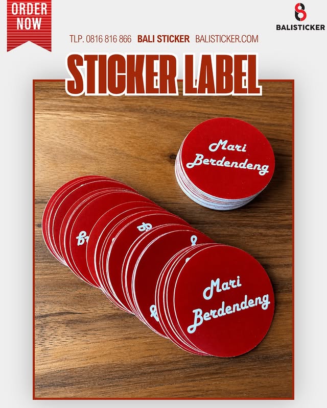 Hasil cetak stiker label produk bali bentuk bulat warna merah dengan tulisan custom